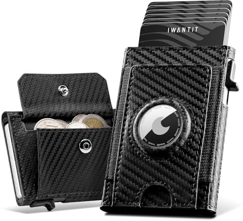IWANTIT Airtag Wallet mit Großes Münzfach I Geldbeutel für 6-7 Karten I Slim Geldbörse Herren mit RFID Schutz I Pop-up Smart Geldbeutel I Kartenetui mit Air Tag Fach I (Carbonfaser)