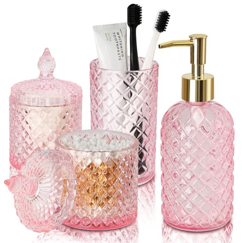 RYTOXILO Set di accessori da bagno rosa, confezione da 4 pezzi, set completo di accessori per la decorazione del bagno, dispenser di sapone in vetro diamantato e portaspazzolino, set per organizer da