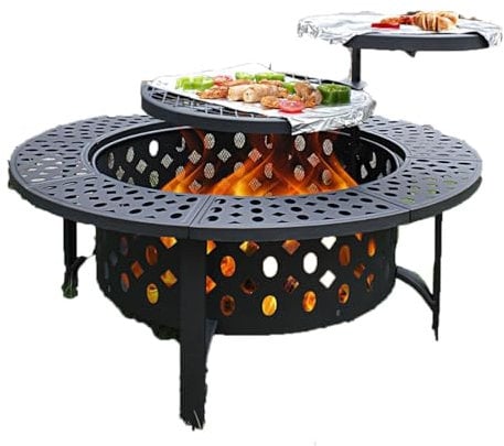 Fire pit with 360° rotisserie | Multifunctional garden fireplace | Fire poker with lid and fire net for grilling, heating food,Black