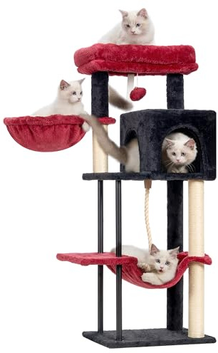 Gitelsnour Rascador para Gatos, Árbol para Gatos de Interior gótico de 110 cm con Tubo de Acero Resistente, Hamaca, Rascadores, Negro y Rojo GCT004SBR