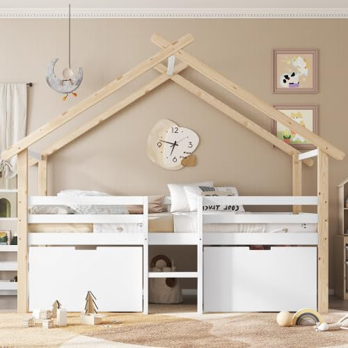 Merax Hausbett für Kinder, Halbhohes Bett mit Dach, 2 Schließfächer mit Rädern, Treppe und Vierseitigem Zaun, Weiß+Natur, 90x200cm