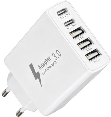 USB C Ladegerät 50W, 5 Ports Mehrfach Stecker mit【2 USB-C und 3 USB-A】, 50W USB A Netzteil Wand-Ladegerät, Fast Charge PD 3.0 Power Adapter Kompatibel mit Samsung Galaxy S26/S25/S24/iPhone/Tablets