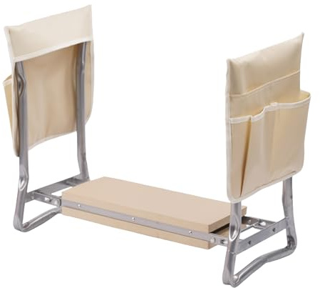 Relaxdays Kniebank Gartenarbeit, klappbar, gepolstert, mit Taschen, 2-in-1 Kniehilfe & Gartensitz, bis 150 kg, beige