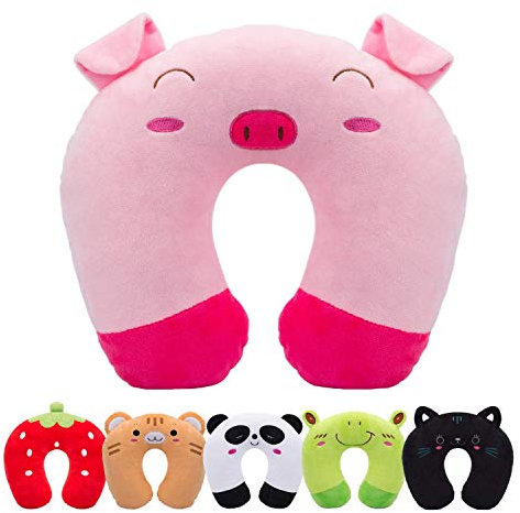 H HOMEWINS Kinder Reisekissen Ultraweich Nackenkissen Kopfstütze Süß Nackenhörnchen Waschbar Nackenstützkissen Reise Schlafkissen für Auto Flugzeug (Piggy)
