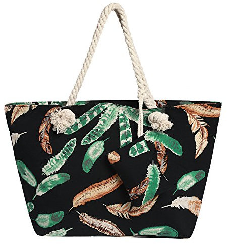 DonDon Strandtasche mit Reißverschluss, Große Strandtasche XXL, Shopper Tasche Damen - Praktische Beach bag Umhängetasche Damen Badetasche für Strand und Meer - Federn