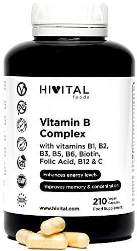 Vitamina B Complex. 210 cápsulas veganas para 7 meses de tratamiento. Complejo Vitaminas B con B1, B2, B3, B5, B6, B12, Biotina, Ácido Fólico y Vitamina C. Fabricado en España por HIVITAL