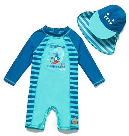 BONVERANO Traje de baño para bebé niño Trajes de baño de una Pieza de Manga Larga Protección UV 50+ Trajes de baño con Cremallera(Azul-Rex,3-6meses
