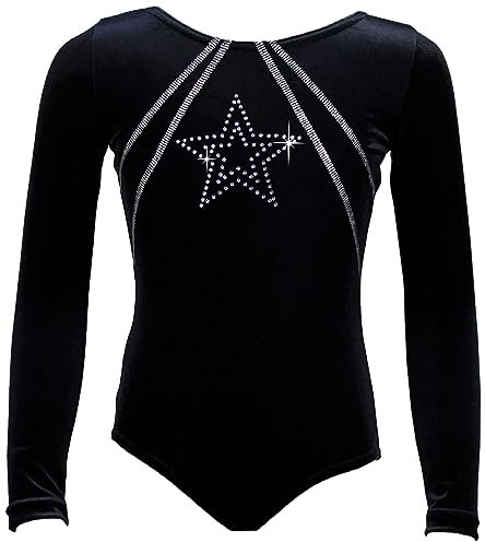 GymStern Turnanzug GymStar Langarm Nicki Samt & Strasssteine Mädchen Gymnastikanzug Samtbody Kinder Turntrikot, Größe:116, Farbe:Samt in Schwarz mit Silber