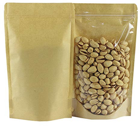 Allbusky 50PCS Kraft Paper Stand Up Food Bags, Reusable Ziplock Seal Bags, Kraft Paper Food Storage Pouches, Kraft Paper Food Packing Bag with Translucent Window, 14x20cm