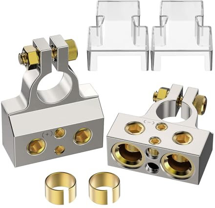 BRIGHTFUN Conector de terminal de batería, calibre 0/2/4/8/10, conectores de terminal de batería con cuñas espaciadoras para coche, barco, motocicleta, positivo y negativo (par)