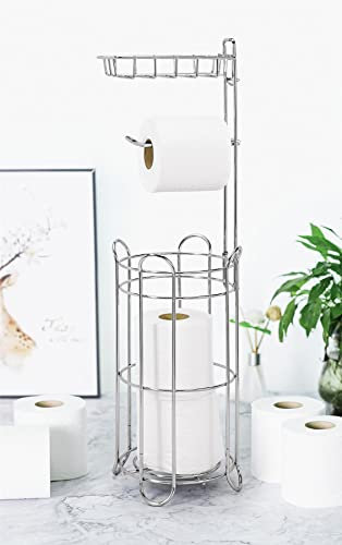 Vinsani Metal Free Standing Toilet Tissue Paper Roll Holder Floor Stand - 4 Paper Rolls with Additional Storage Rack for Phone or Air Freshener - Toilet Bathroom – Chrome