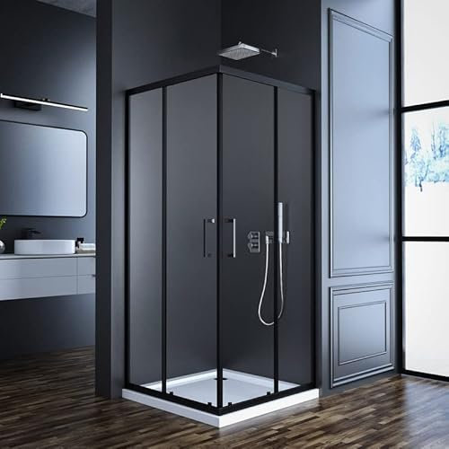 Duschkabine Schwarz 75x90cm Eckeinstieg Schiebetür, Goezes Duschabtrennung Duschkabine Eckeinstieg Duschkabine mit Schiebetüren Duschwand mit 6mm ESG Sicherheitsglas, Höhe 185cm