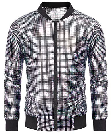 COOFANDY Herren Metallic Jacke 70er Jahre Disco Weihnachten Party Varsity Jacke Reißverschluss Baseball Bomber, Pailletten-Laser-Silber, M