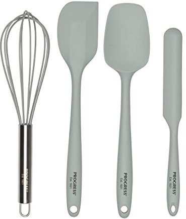 Progress BW11360TEU7 Silicone Kitchen Utensils – 4 Piece Baking Utensil Set with Spoon, Spatula, Smoothing Scraper, Whisk, Dishwasher Safe, Heat Resistant, Hanging Hooks, Non-Stick Tools, Go Bake!
