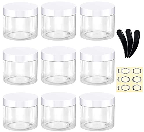 Alledomain 9Pcs 50g/50ml Empty Plastic Jars with 3 Mini Spatulas & 12 Labels Round Clear Cosmetic Sample Container with Inner Liners & White Lids Travel Storage for Lotion Cream Ointments Makeup