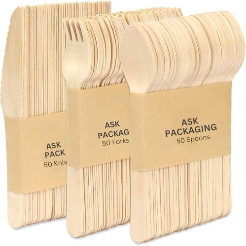 150 PCS Wooden Cutlery Set Disposable - Premium Quality 50 Forks, 50 Spoons, 50 Knives - Biodegradable Eco Friendly, Birchwood Disposable Cutlery for Party, Picnic, Outdoor, Christmas