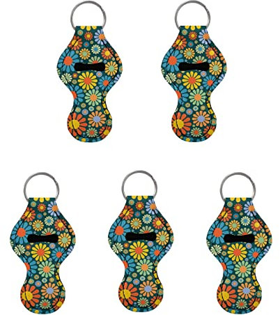 SCRAWLGOD Lippenstift-Halter, Schlüsselanhänger, Neopren, Lippenstift, Tasche, Clip-On, Lippenbalsam-Halter für Frauen und Mädchen, 5 Stück, Hippy Flower Power Hippie, One size