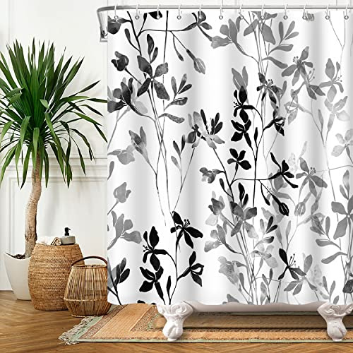 Bovlleetd Schwarz Weiß Blume Duschvorhang 180x180cm Tinte Pflanze Einfache Bad Vorhang Wasserdicht, Waschbar Polyester Badevorhänge mit 12 Haken für Badezimmer,Badewanne