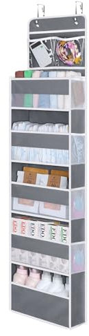 Univivi Over Door Hanging Organizer Storage with 5 Large Pockets and 2 Small PVC Pockets for Cosmetics Wall Hanging Storage Organizer for Pantry Baby Nursery Bathroom Closet Dorm(Grey)