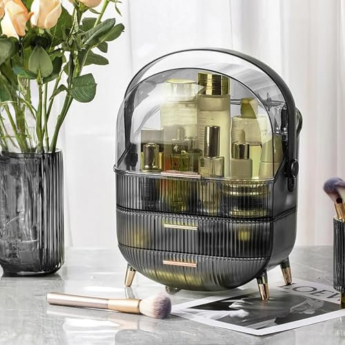 ALOXE Cute Makeup Cosmetic Organizer Box with Drawer Storage | Plastic Storage Organizer Box for Women (Obsidian Black)