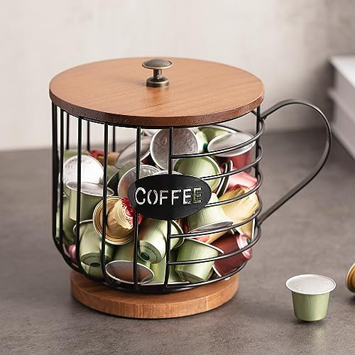 Panalo Rustikaler Kaffeekapselhalter – große Kapazität, schwarzer Draht, K-Cup-Aufbewahrung mit Holzdeckel – runder Kaffeekorb-Dekor für Küchenarbeitsplatte für Pods und Espressokapseln (Tassenform)
