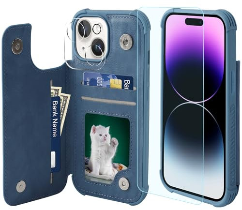 VANAVAGY Wallet Case Compatible for iPhone 15,Leather Flip Folio Shockproof Phone Cover Fit Magnetic Car Mount [Screen Protector Included] with Credit Card Holder for Apple 15, Blue
