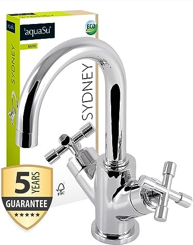 'aquaSu® Waschbeckenarmatur Sydney, Zweigriffmischer mit Wasserspar-Mischdüse, Vintage Waschtischarmatur, Keramik-Innenteil, Standard-Befestigung, Messingkern, verchromt, 795777