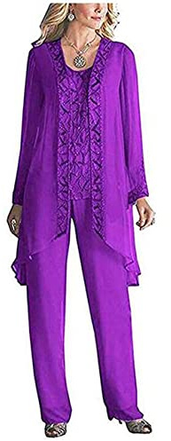 Ensemble 3 pièces en mousseline pour femme - Costume pantalon mère de la mariée avec veste perlée - Tenue de mariage - Robe de soirée, violet, 54