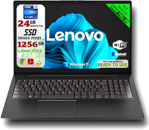 Lenovo Pc Portatile Notebook, Full HD 15,6, Processore Intel i5 di 13th Gen, 24 GB Ram, 1256GB SSD, NVMe da 256 GB + SSD da 1 TB, Webcam, Usb C, Windows 11 Pro, Pronto all'Uso