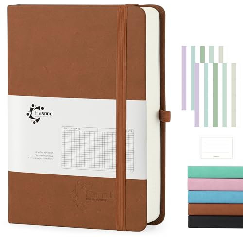 Fasood Notizbuch A5 Kariert, Hardcover Journal Notizbücher mit 320 Seiten, 100g/m² Dickes Papier, Mehrfarbige Registerkarten, Stiftlasche und Dokumententasche, für Schule, Büro (Braun)