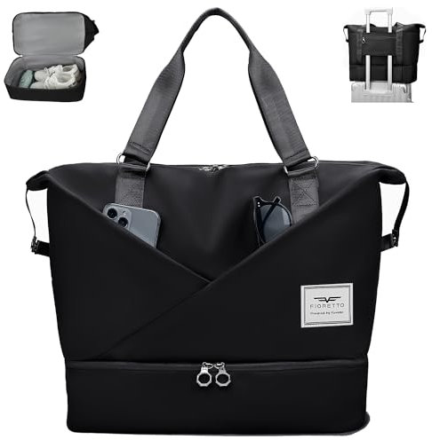 FIORETTO Damen Reisetasche mit Laptopfach, Sporttasche Handgepäck Weekender Bag Schwimmtasche mit separatem Schuhfach und Nassfach Travel Bag Duffle Bag Fitnesstasche Trainingstasche für Damen Schwarz
