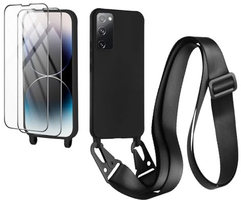 CaseLover Handyband für Samsung Galaxy S20 FE/S20 FE 5G Hülle mit Band, Premium Silikon Necklace Handyhülle mit 2 Stück Schutzfolie Verstellbarer Kordel zum Umhängen Stossfest Schutzhülle, Schwarz