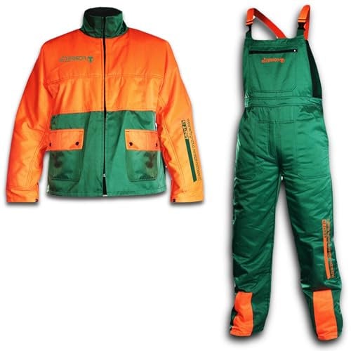 Bricoloco Giacca e Salopette pantaloni antitaglio Motosega 65% Poliestere e 35% Cotone con 12 Strati di Materiale Ritardante Taglio e Fodera 100% Poliestere., Verde / Arancione, L