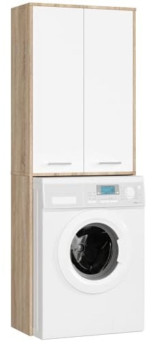 AKORD | Columna de Pared para empotrar Lavadora | Mueble Alto con 2 Puertas | Mueble contenedor de baño | CajoNero para Lavadora | 64x180x30 cm | Peso 30 kg | Roble Sonoma/Blanco