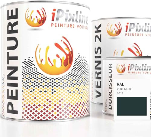 ipixline Kit Retouche Peinture Carrosserie Voiture - Pot Peinture 1000 ml, Vernis 2k 670 ml, Durcisseur 330 ml - Compatible avec Ral - Vert Noir 6012