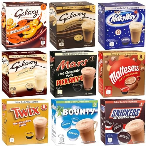 Hot Chocolate Pods - Dolce Gusto Machine Compatible Pod Set - Pick Any 4 Packs from 9 Flavours (Galaxy, Bounty, Milky Way, Maltesers, Snickers, Mars) - Chocolate Milk Capsules