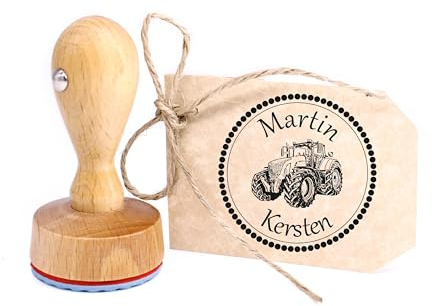 Dekolando Traktor Stempel personalisiert Kinder - mit persönlichem Namen - Kinderstempel Namensstempel Junge Motivstempel Holzstempel Ø 24 mm - Stempelkissen optional (Traktor)