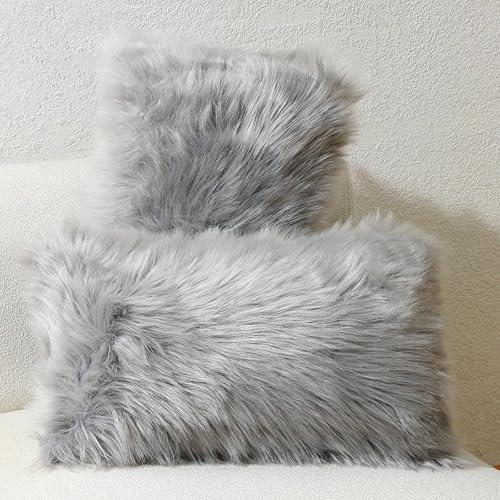 linmopm Kissenbezug aus Kunstfell und Schaffell, 30,5 x 50,8 cm, grau, 2 Stück, superweich, flauschig, luxuriös, für Wohnzimmer, Sofa, Bett, Heimdekoration, Stuhlkissen