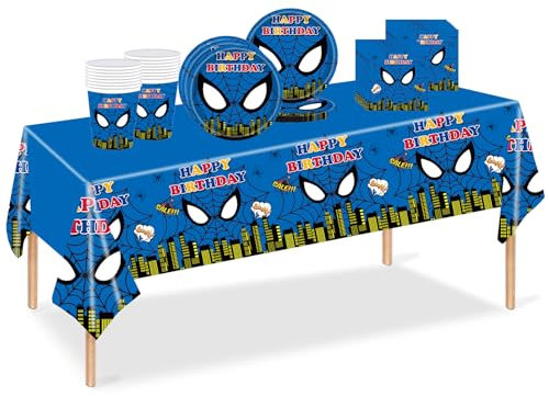 Set di 53 decorazioni per feste di compleanno a tema Spider-Man, con Spider-Hero Boys Spider Man, piatti di carta, tovaglioli, tazze per ragazzi, feste di compleanno, decorazioni per la tavola