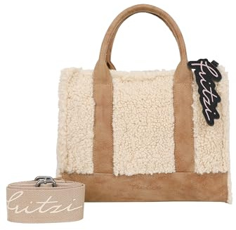 Fritzi Square Limited Teddy Crossbody Bag Damen Umhängetasche Polyester Teddy-Optik Alltag Freizeit mit Reißverschluss verstellbarem Gurt 26 x 22 x 10 cm – Rosa, Beige, Schwarz