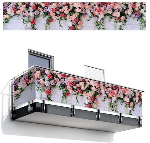 MuchoWow© Balkon Sichtschutz Einseitig Groß PVC Kunststoff Garten | 100x500 cm - Windschutz ohne bohren Wetterfest Sichtschutzzaun Terrasse Balkonverkleidung Deko Blumen - Rosa - Steinoptik