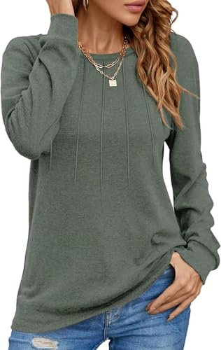 Damen Pullover Lässig Langarmshirt Elegant Herbst Winter Rundhals Sweatshirt Langarm Shirts Loose Plissee Oberteile Grün XL
