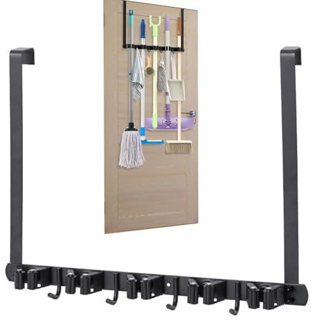 Wall Mounted Organizer, Door Hook Storage, Cleaning Tools Holder, Over Door Broom Holder, Metal Mop and Broom Holder Wall Mount Door Hook for Garage, Kitchen, Offices