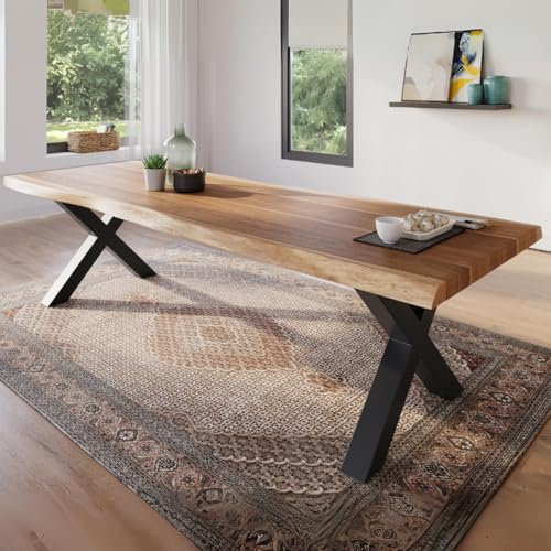 trelevo Esszimmertisch 280x100 cm, Akazienholz massiv, Tischplatte naturfarben, echte Baumkante, X-Gestell schwarz, Baumkantentisch