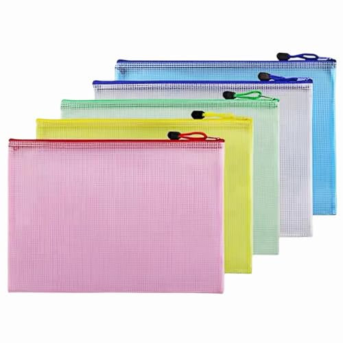 Plastic Wallets File Folder A4 Zip Lock Bags Mesh Document Plastic Pockets Zipper File Wallet for Homework Office School Supplies 5Pcs