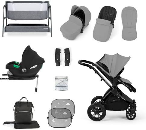 Ickle Bubba Stomp Luxe i-Size Cirrus Travel & Home 14-Piece Bundle with ISOFIX Base & Bubba&Me Bedside Crib – All-Terrain Pushchair with Accessories, Birth to 4 Years* (Black/Pearl Grey/Black)