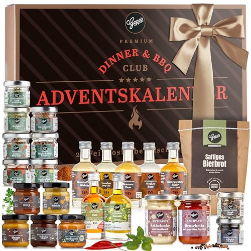 Gepp’s Feinkost BBQ Adventskalender Premium I Mit Saucen, Gewürze, Rubs & Dips zum Kochen und Grillen I Ideales Koch Geschenk für Männer I Food Adventskalender mit 24 BBQ-Gewürzen, Öle, Gin u.v.m.