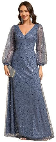 Ever-Pretty Women's Sequin A-Line Floor Length V Neck Long Sheer Sleeves Tulle Evening Prom Dresses Maxi Dress Dusty Blue 14UK