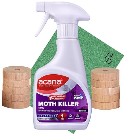 Moth Repellent Kit Bundle with Acana Moth Killer Spray & Cedar Moth Repellent Wardrobe Fresheners. Includes 1x Moth Spray 275ml and 10x Cedarwood Rings