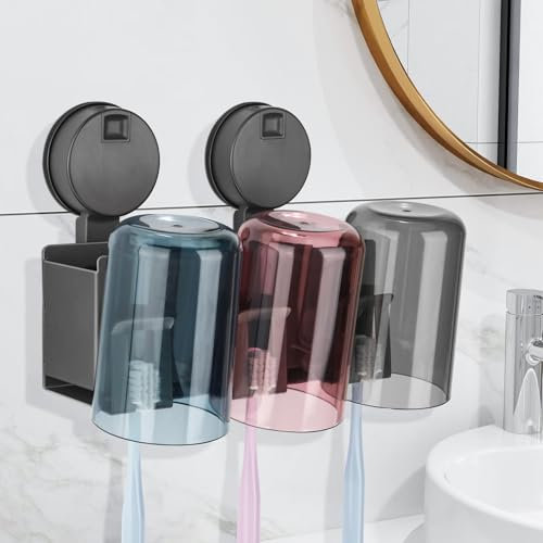Euqvunn Zahnbürstenhalter Wandmontierter mit abnehmbarem Saugnapf, Bohrfrei, Aluminiumlegierung, 3 Zahnbürstenplätze, 3 Fächer & 3 Zahnputzbecher für manuelle und elektrische Zahnbürsten